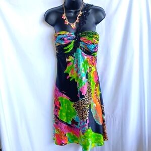 NW Collections Animal Print multicolor one shoulder satin dress womens 8, lined